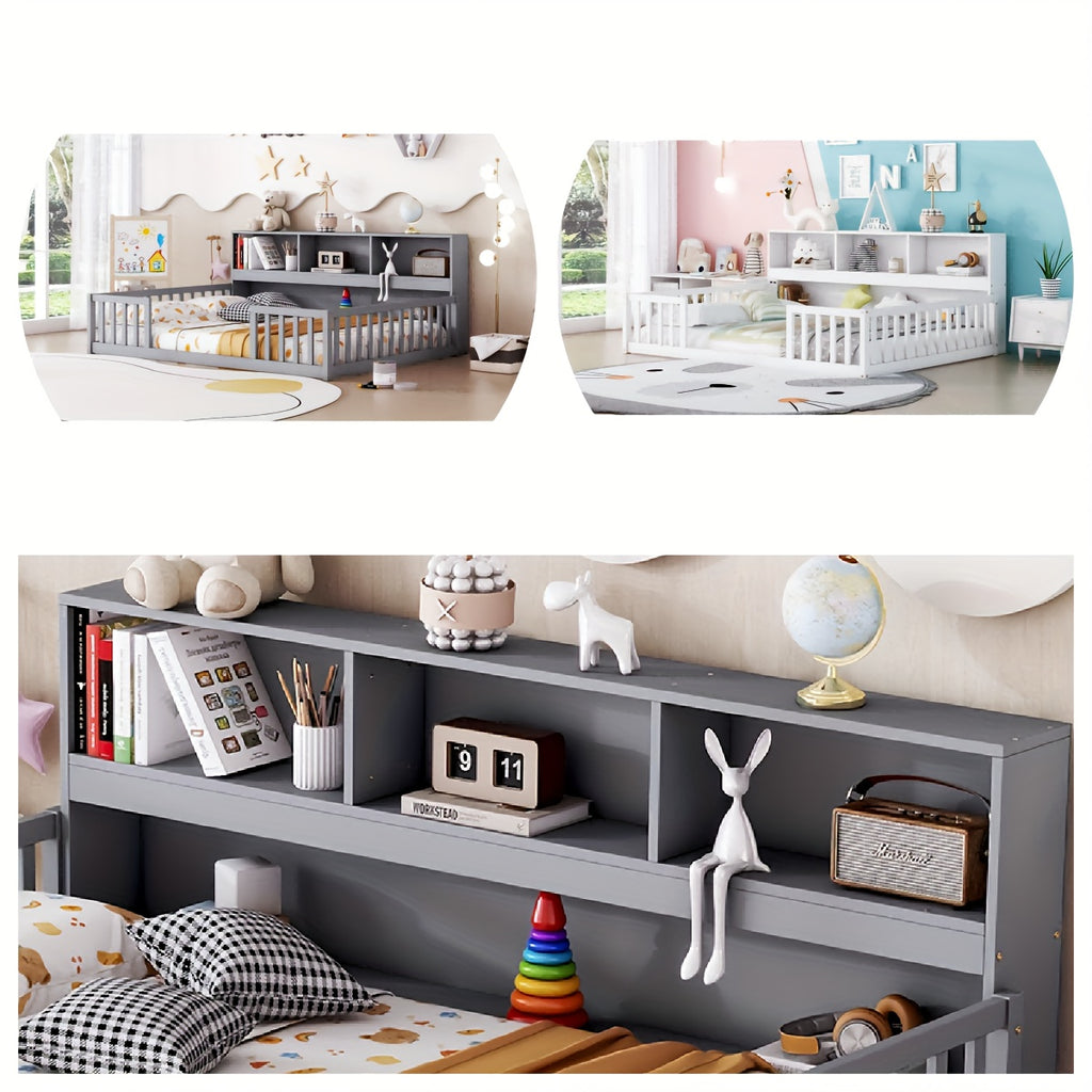 Bellemave Full Size Floor Bed with Bookcase & Shelves - Low-Profile Kids Bed with Safety Guardrails