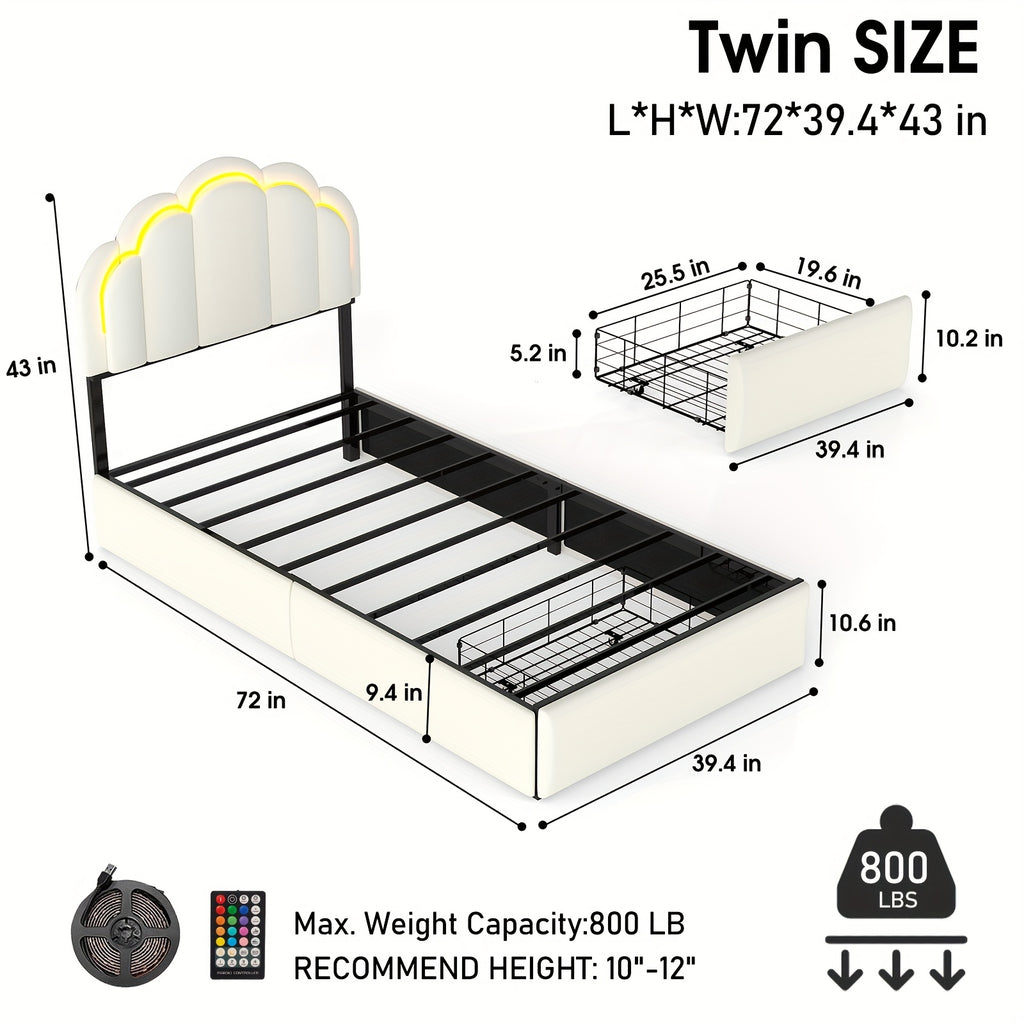 Twin\u002FFull Upholstered LED Bed Frame with Storage Drawer and Chic Double Wavy Headboard