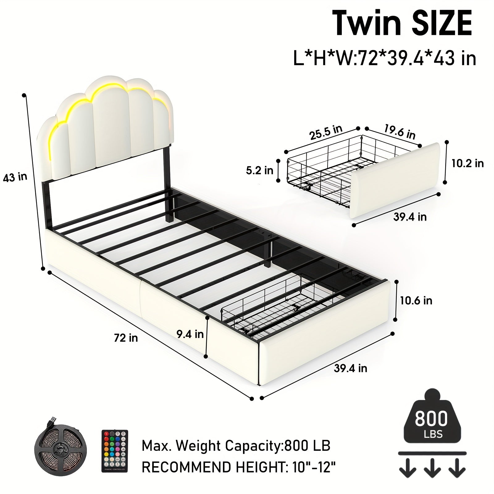 Twin\u002FFull Upholstered LED Bed Frame with Storage Drawer and Chic Double Wavy Headboard