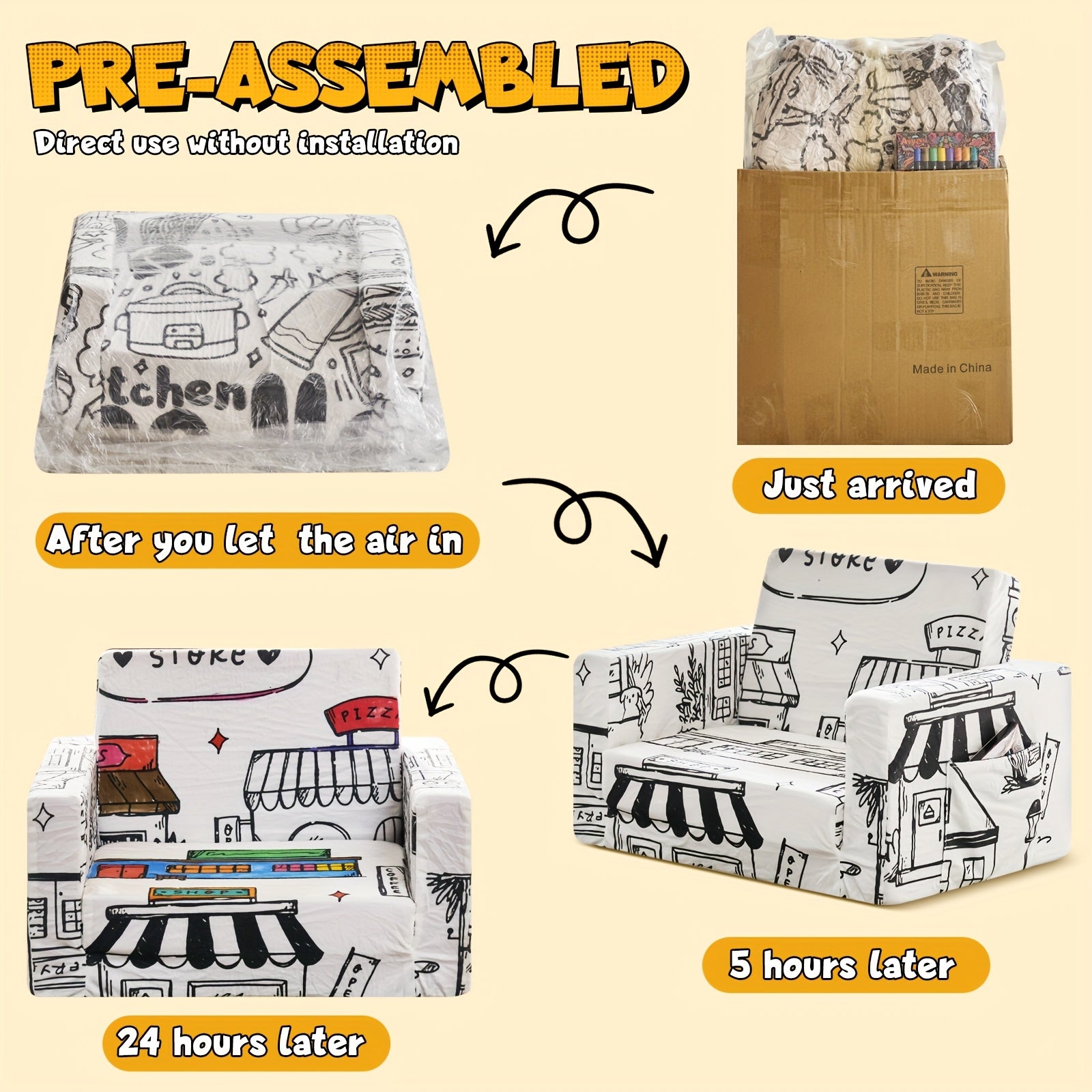 Kids Art Chair with 12 Washable Markers - Foldable Graffiti Furniture for Children, Doodle Creative Chair with Removable Cover