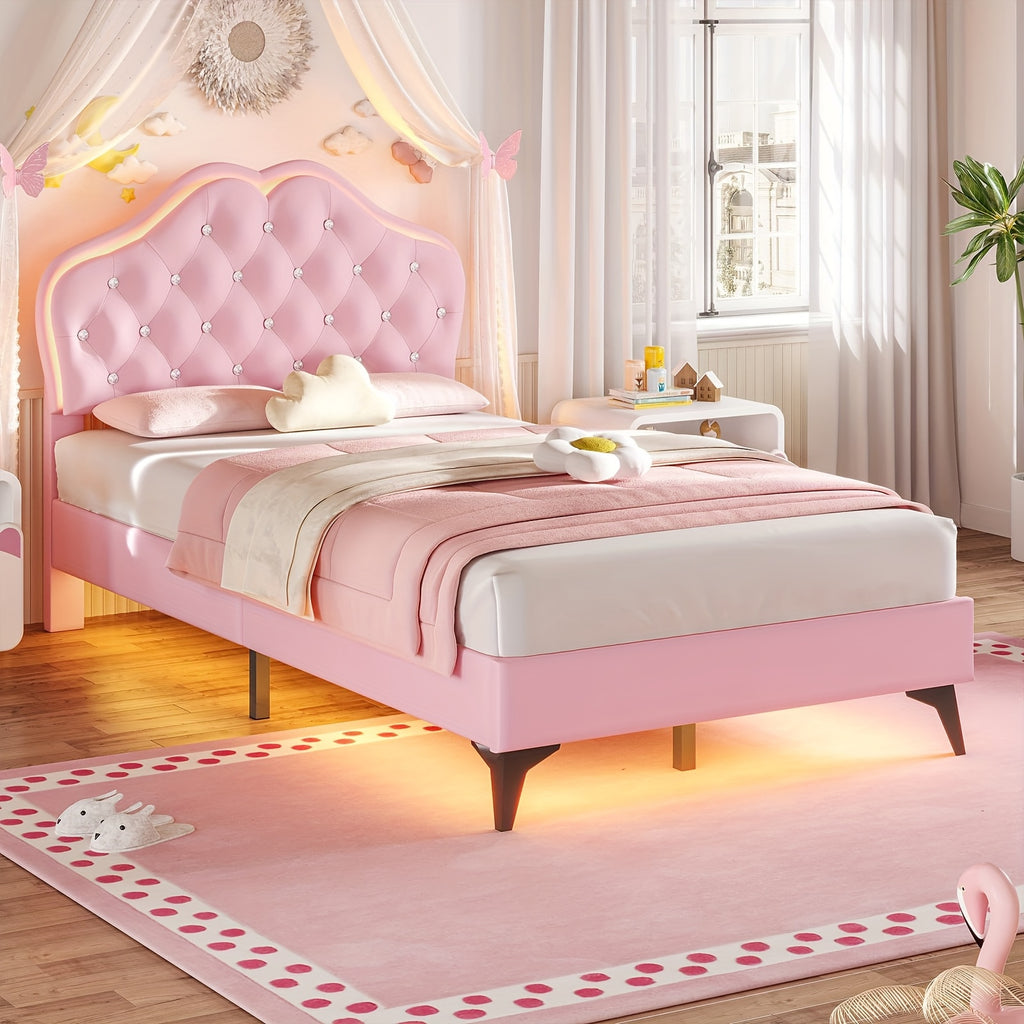 Princess Bed Frame with LED Modern Twin Size Princess Bed Frame with LED Lights Headboard & Crystal Buttons
