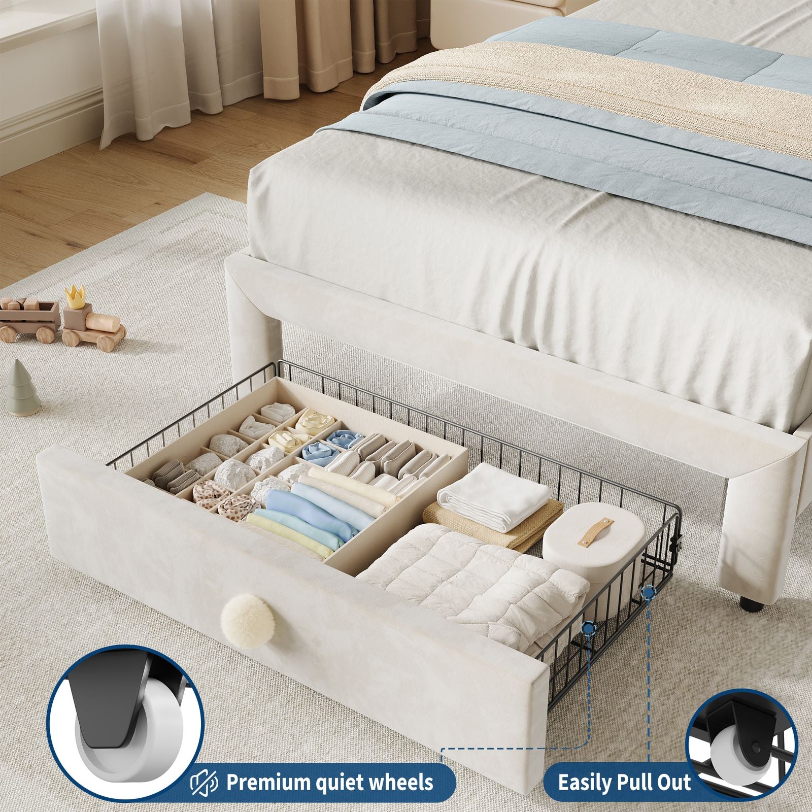 GAOMON Twin Girls Bed Frame with 2 Storage Drawers & Wavy Headboard - Beige Princess Upholstered Platform Bed