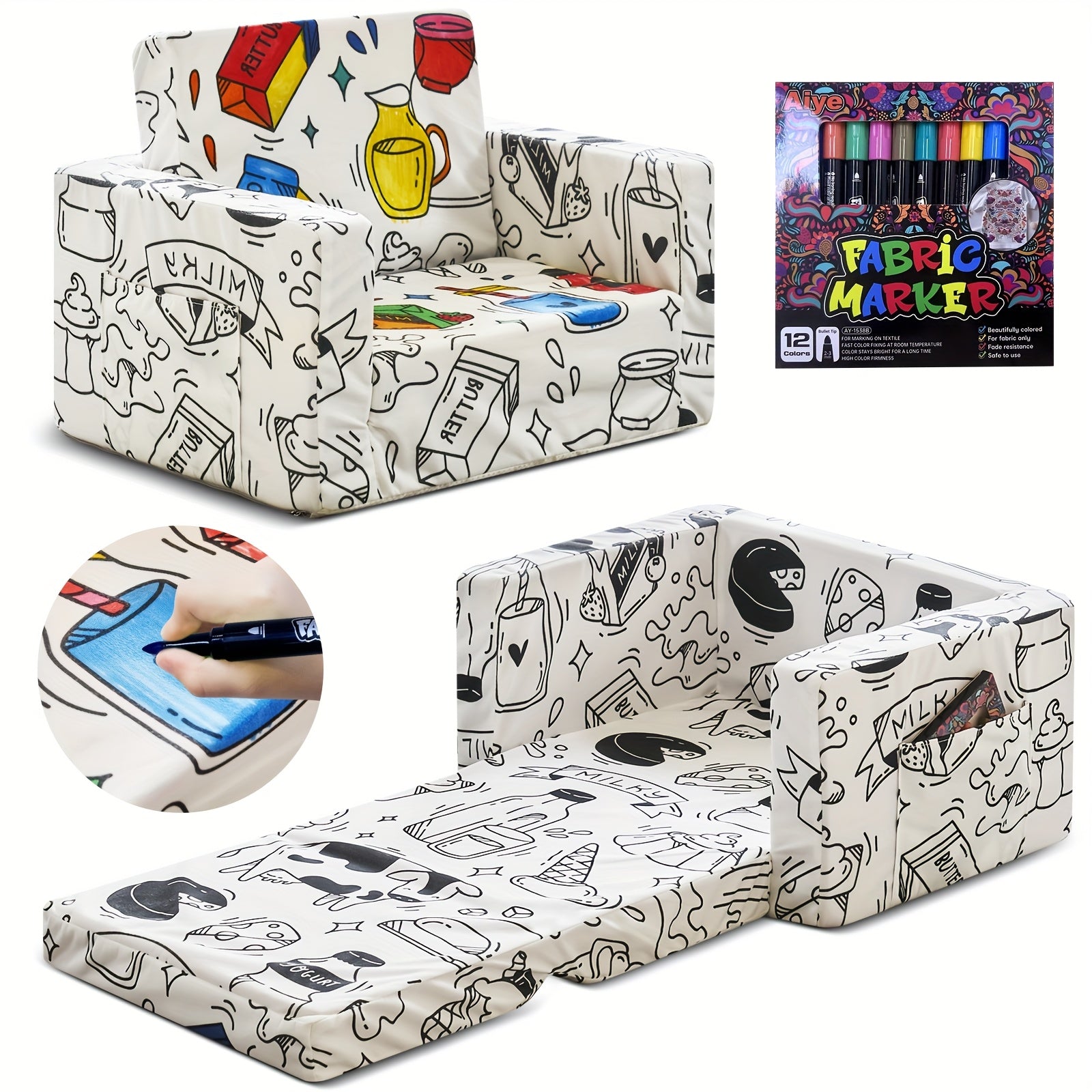 Kids Art Chair with 12 Washable Markers - Foldable Graffiti Furniture for Children, Doodle Creative Chair with Removable Cover