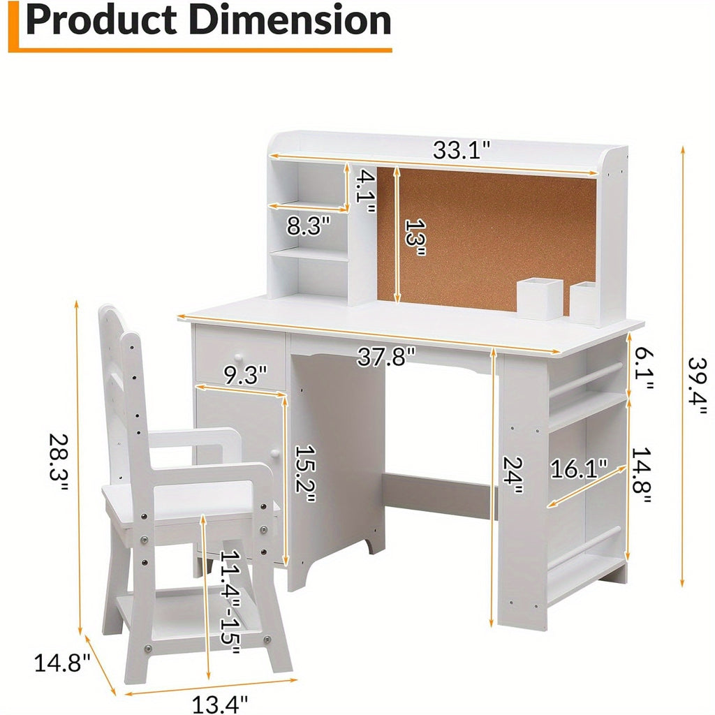 MERXENG Kids Study Desk and Chair Set - White Retro Style with Bookshelf, Bulletin Board, Cabinets & Drawer