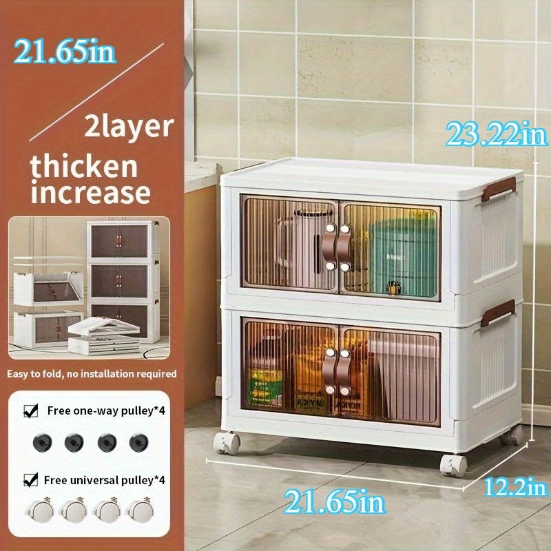 Collapsible Storage Cabinet 2\u002F4 Tiers, Large Double-Opening Storage Multi-Functional Organizer with Lid and Wheels