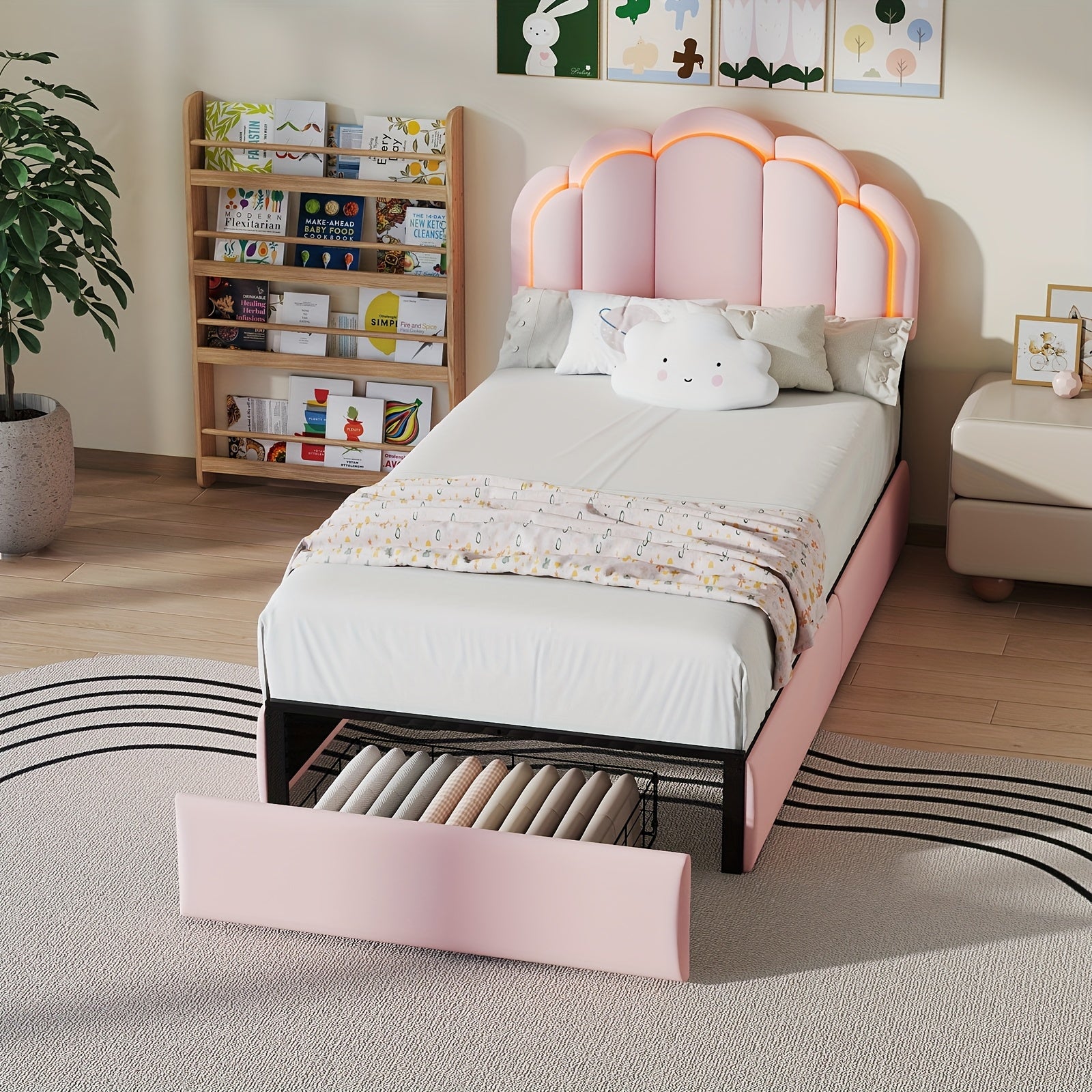 Twin\u002FFull Upholstered LED Bed Frame with Storage Drawer and Chic Double Wavy Headboard