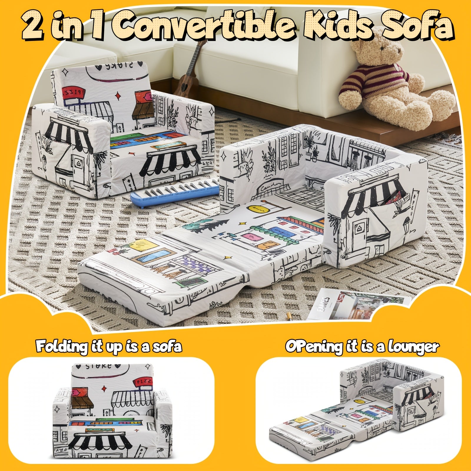 Kids Art Chair with 12 Washable Markers - Foldable Graffiti Furniture for Children, Doodle Creative Chair with Removable Cover